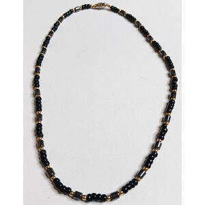 Elegant Black Gray Gold Tone Beaded Choker Necklace 17" Womens Fashion Jewelry